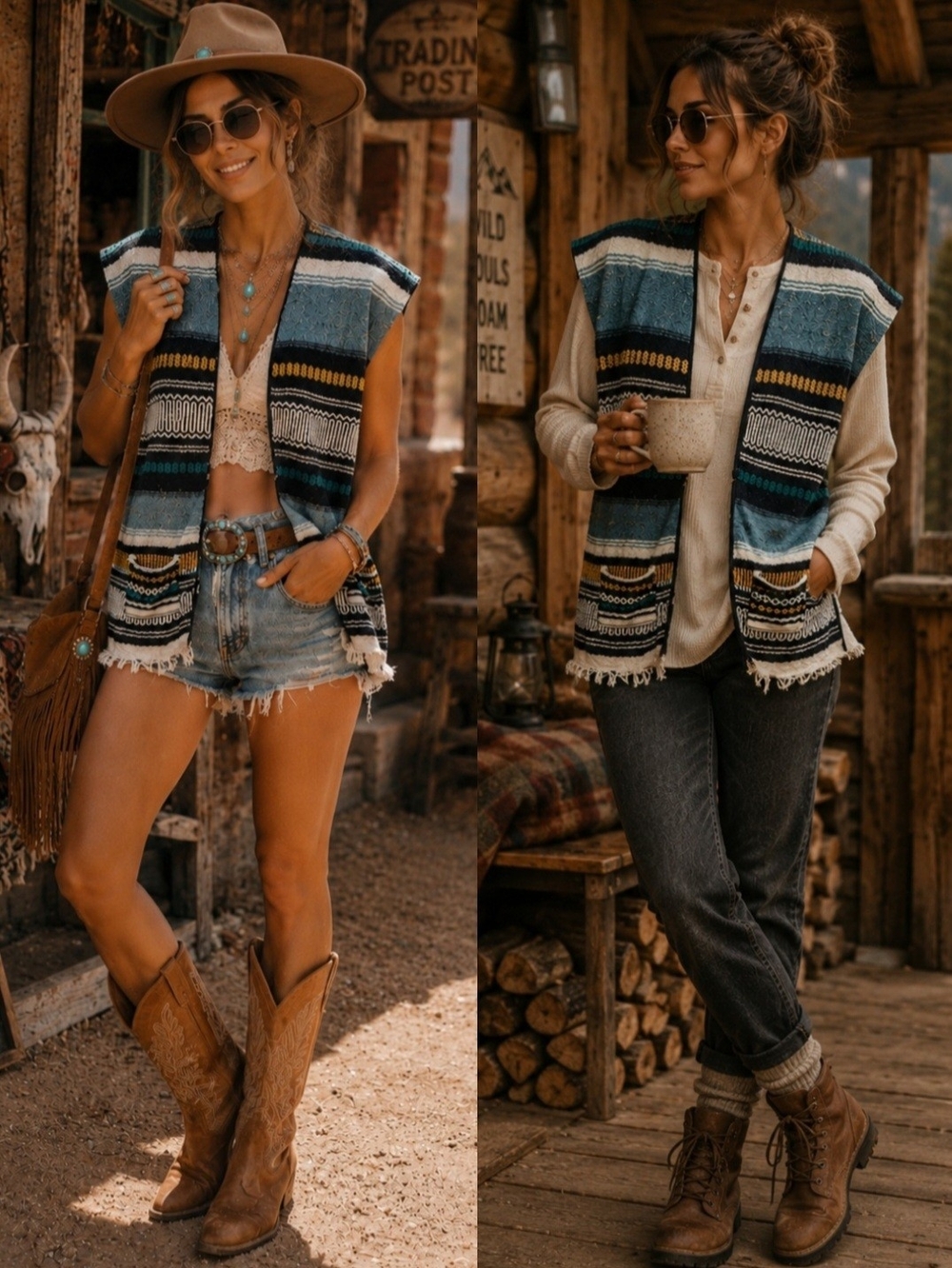 Boho Southwestern Striped Fringe Vest Festival Layering Hippie Sleeveless - Picture 3 of 5